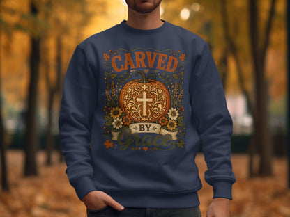 Navy sweatshirt with "Carved by Grace" text and a pumpkin graphic.