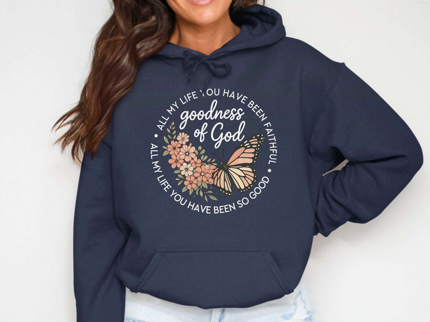 Navy hoodie with "All My Life You Have Been Faithful" text and butterfly design.