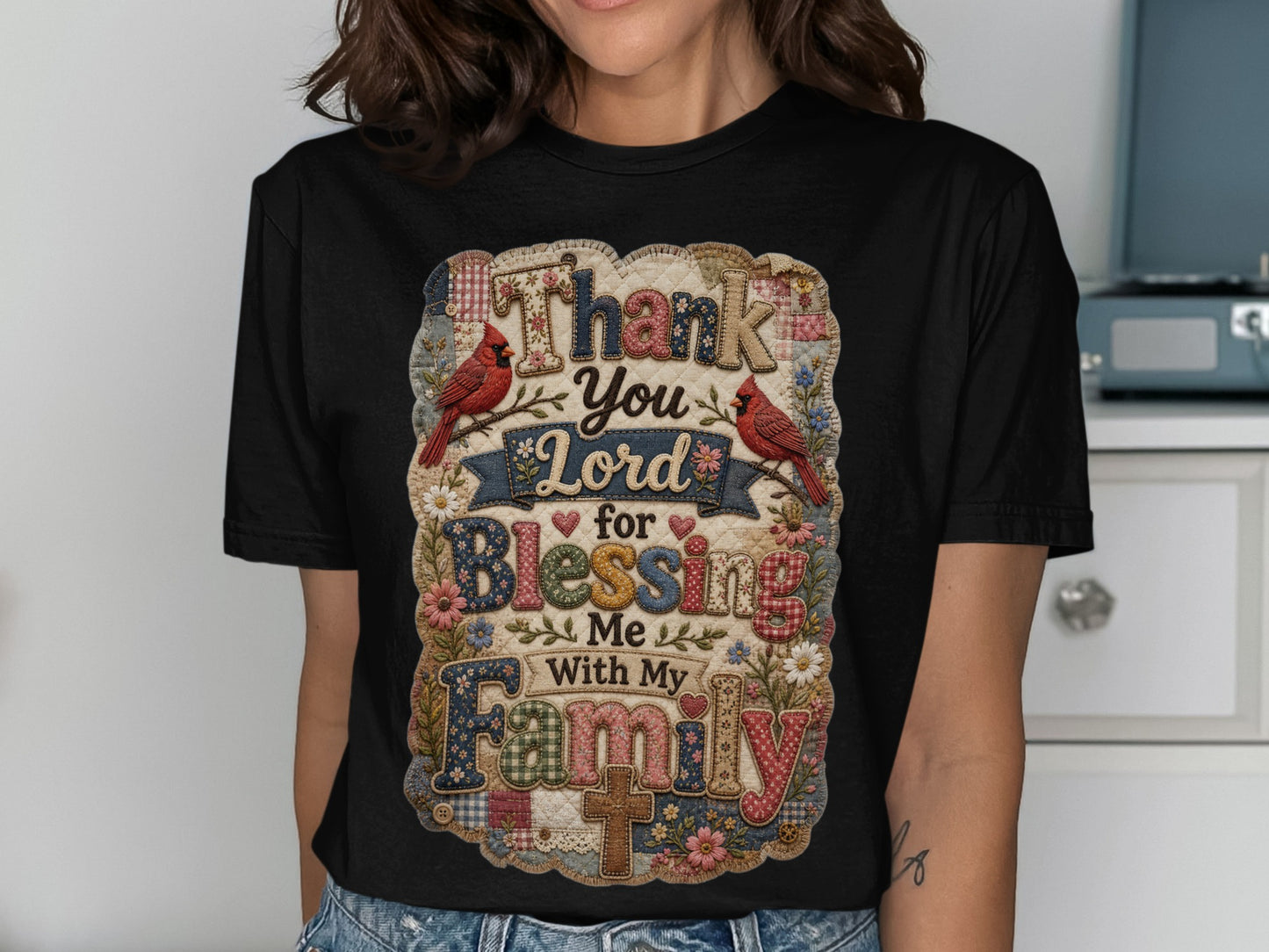 Black t-shirt with "Thank You Lord for Blessing Me With My Family" text and red cardinals.