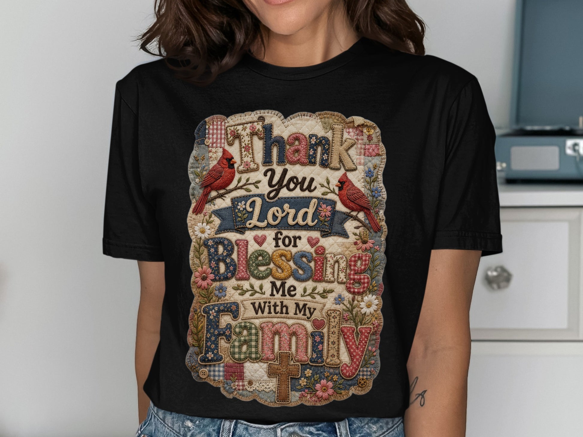 Black t-shirt with "Thank You Lord for Blessing Me With My Family" text and red cardinals.
