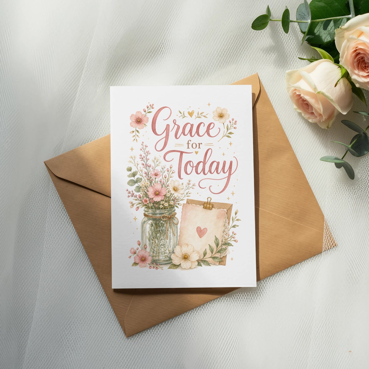 Card with floral 'Grace for Today' design on an envelope, with roses.