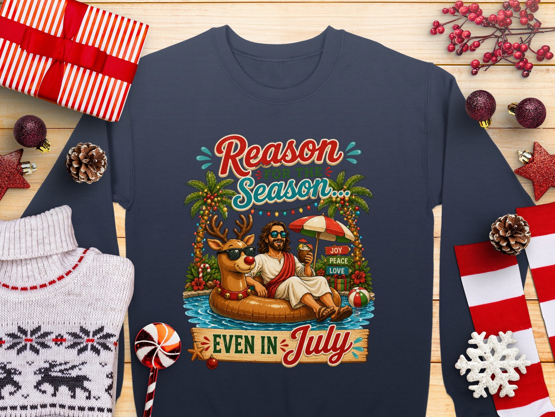 Jesus wearing sunglasses on an inner tube, with "Reason Season Even in July" text.
