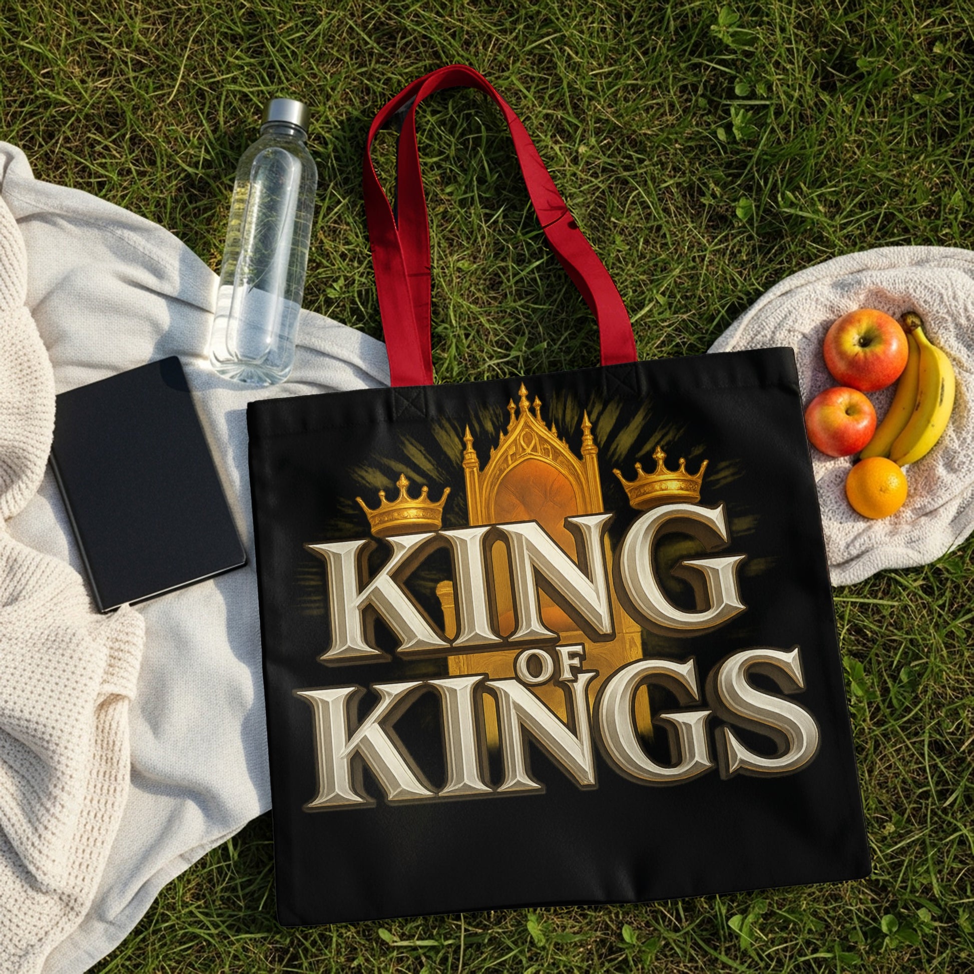 Black tote bag with "KING OF KINGS" text and a golden throne graphic.