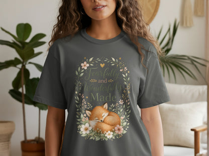 T-shirt with "Fearfully and Wonderfully Made" text and sleeping fox design.