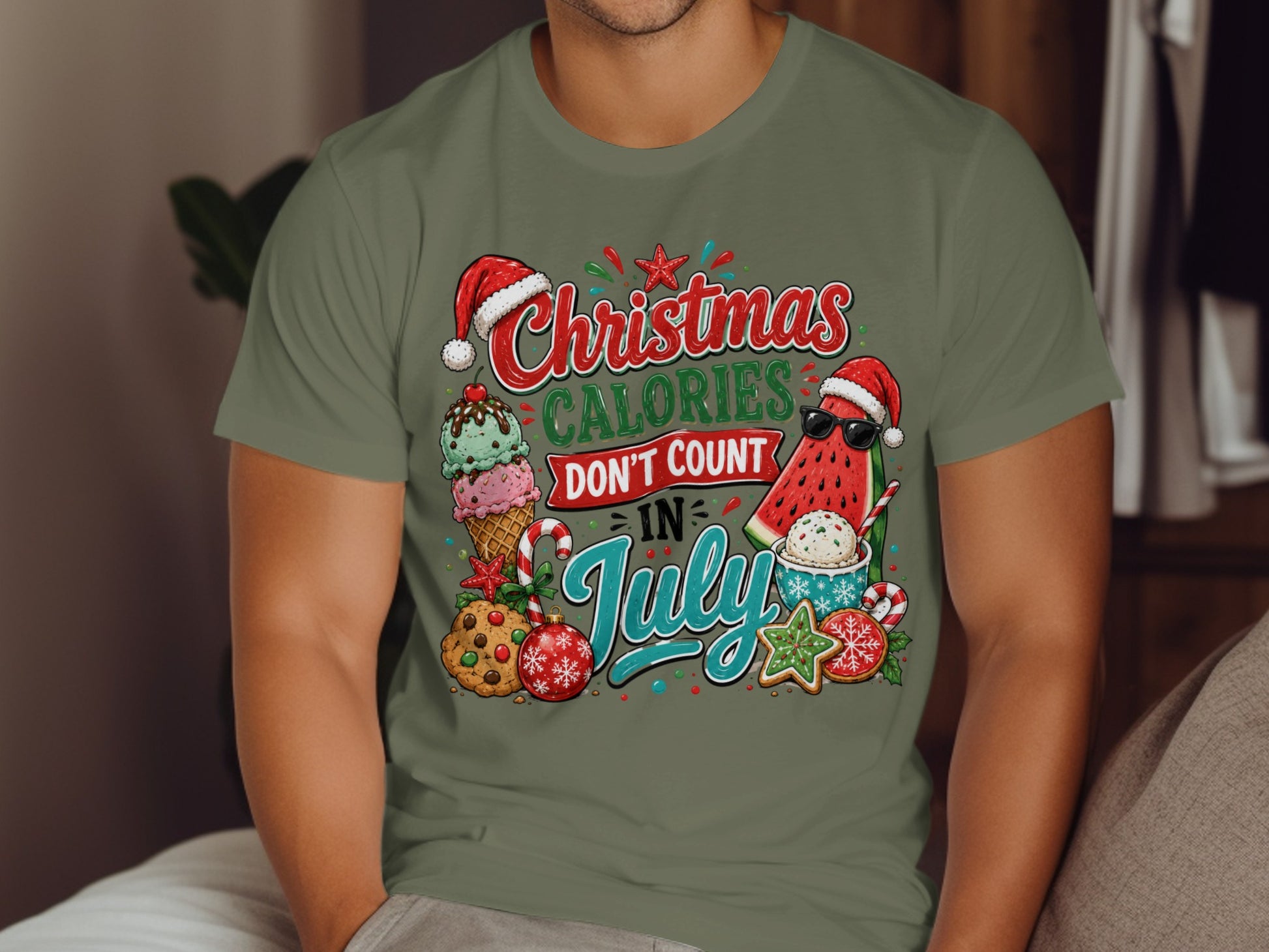 Christmas calories don't count in July text with ice cream, watermelon, cookies, and Santa hat.