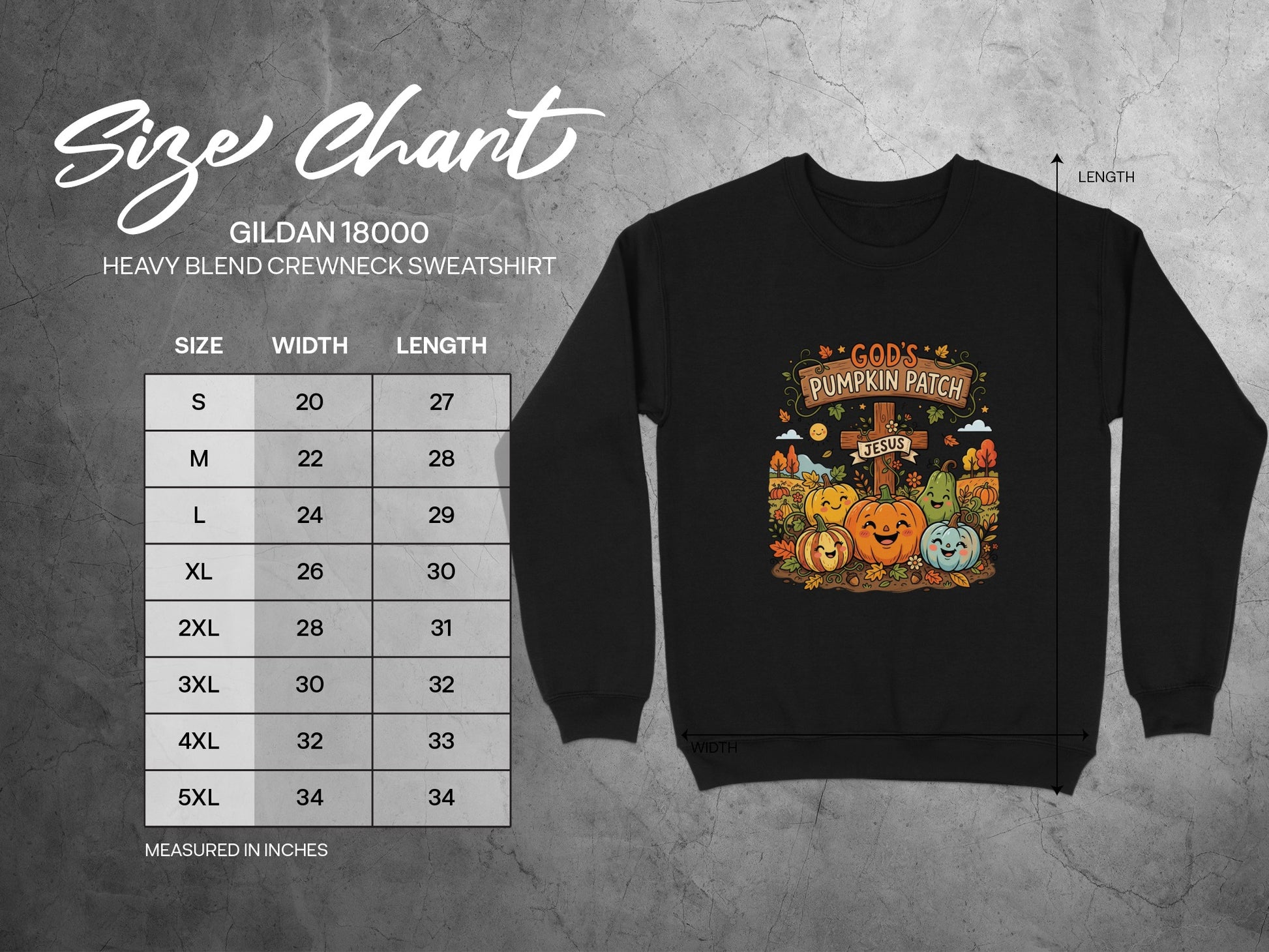 Gildan 18000 sweatshirt size chart with graphic of pumpkins.
