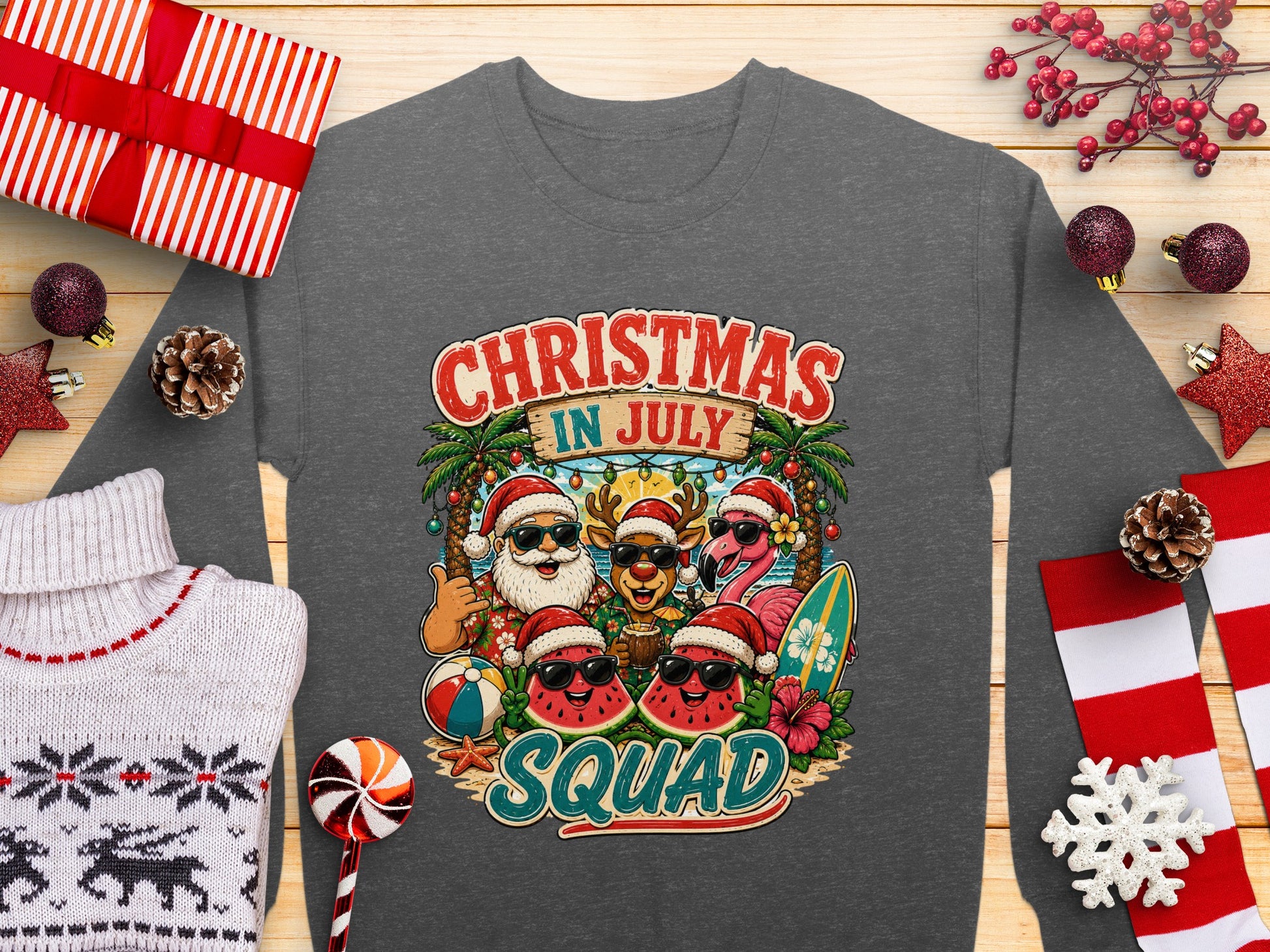 Christmas in July Squad graphic with Santa, reindeer, and snowmen wearing sunglasses.