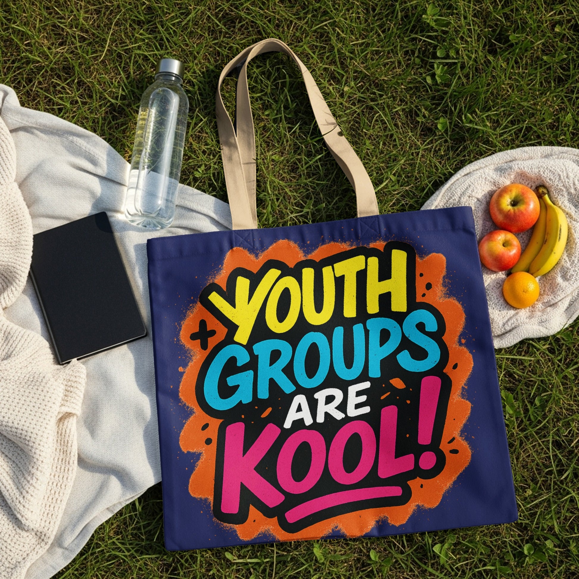 Dark blue tote bag with colorful "YOUTH GROUPS ARE KOOL!" graffiti-style text.