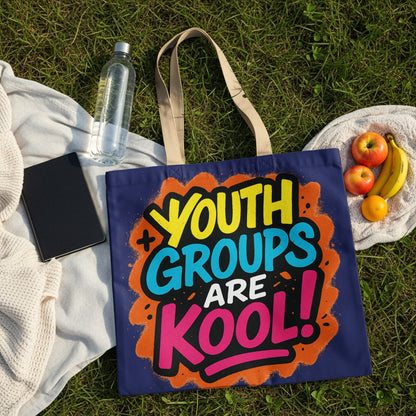 Dark blue tote bag with colorful "YOUTH GROUPS ARE KOOL!" graffiti-style text.