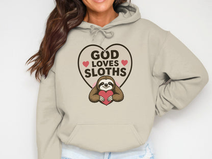 Tan hoodie with heart, sloth, and "God Loves Sloths" text.
