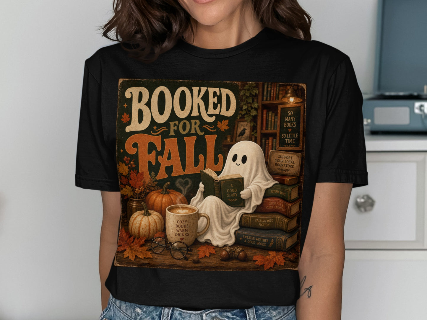 Ghost reading a book surrounded by pumpkins, books, and coffee.