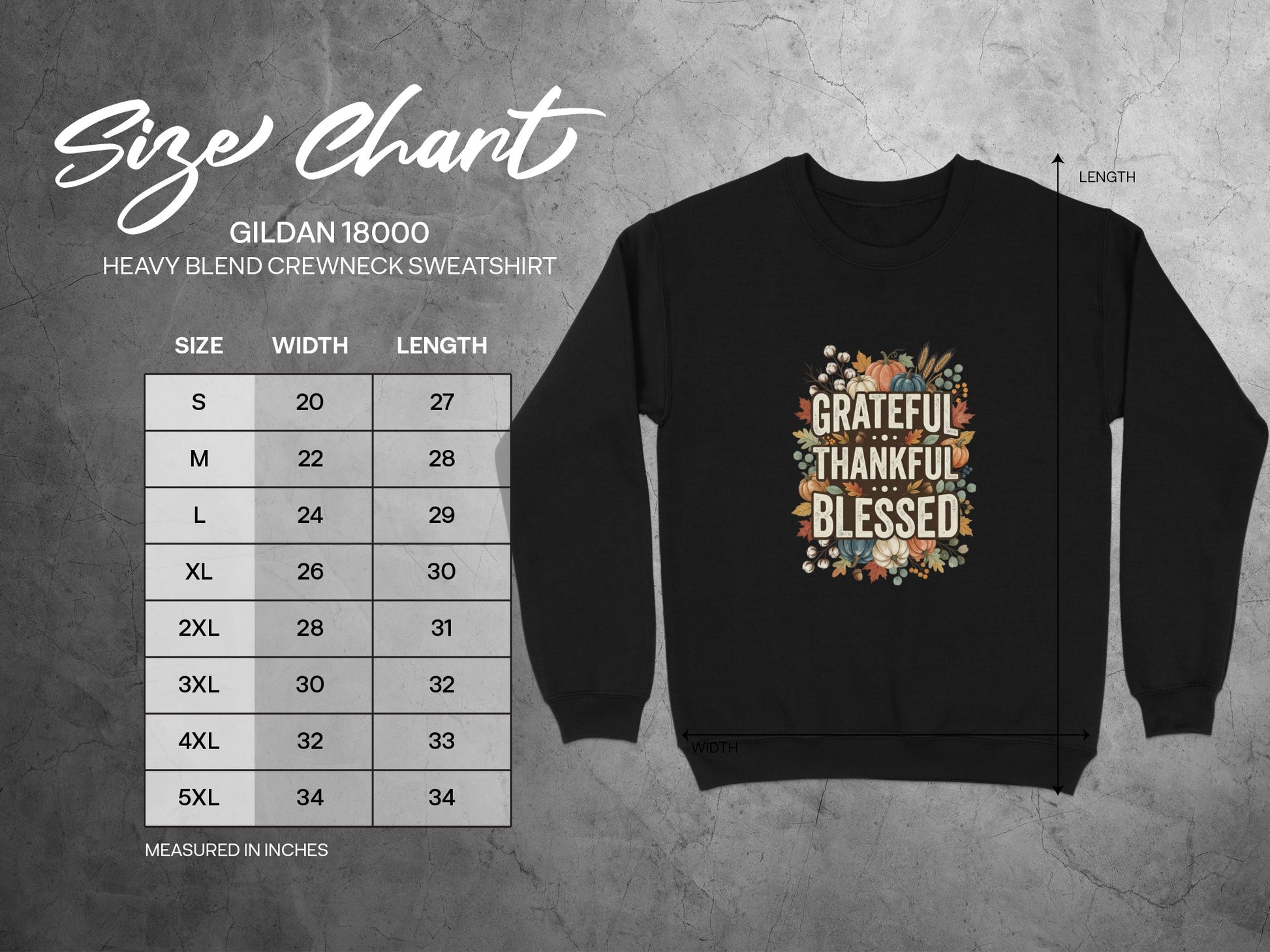 Gildan 18000 size chart with measurements for sweatshirt width and length.