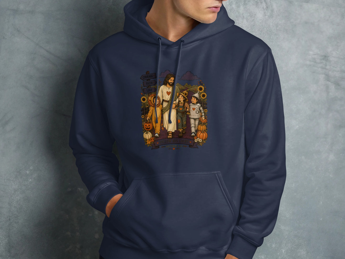 Jesus, scarecrow, and Tin Man walking with sunflowers and pumpkins.