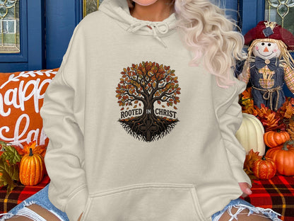 Cream hoodie with "Rooted in Christ" tree design, surrounded by fall decorations.