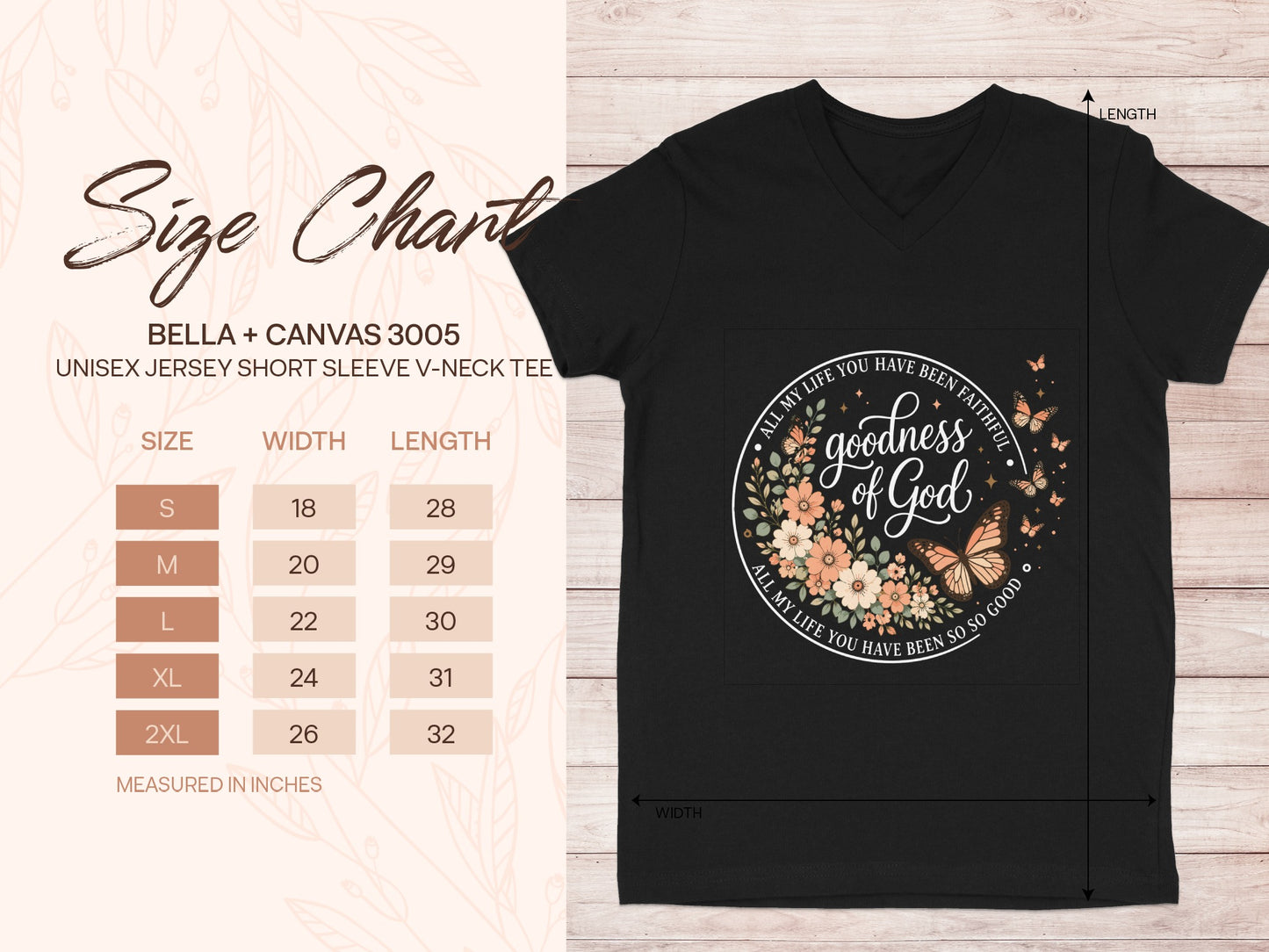 Bella + Canvas 3005 unisex v-neck tee size chart with measurements in inches.
