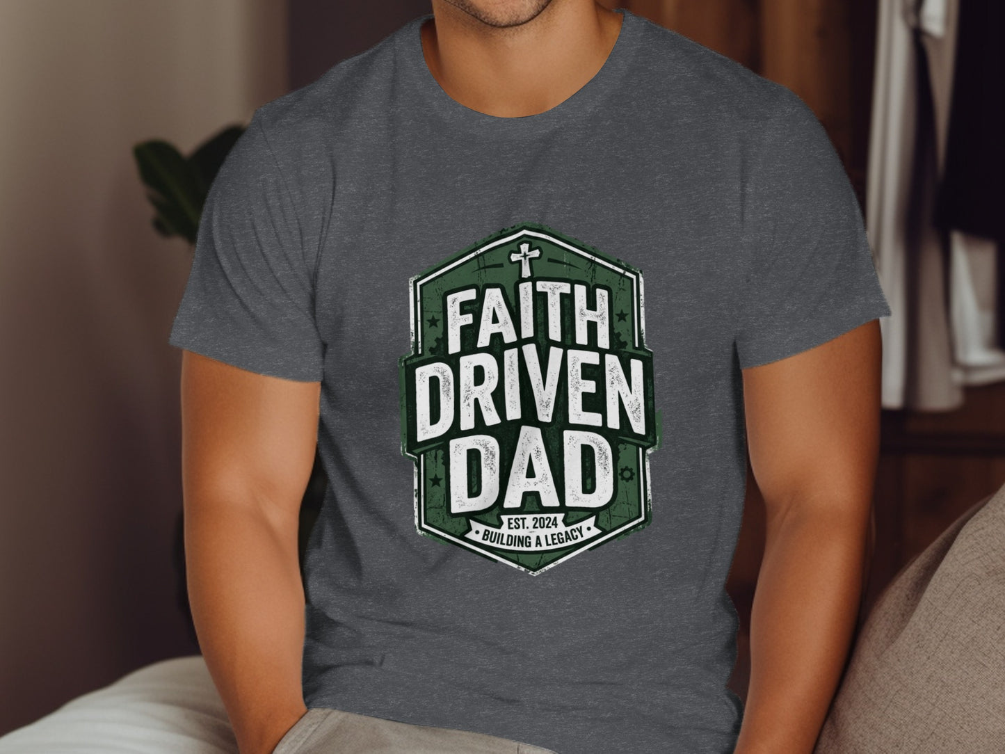 Dark gray t-shirt with "Faith Driven Dad" shield logo.
