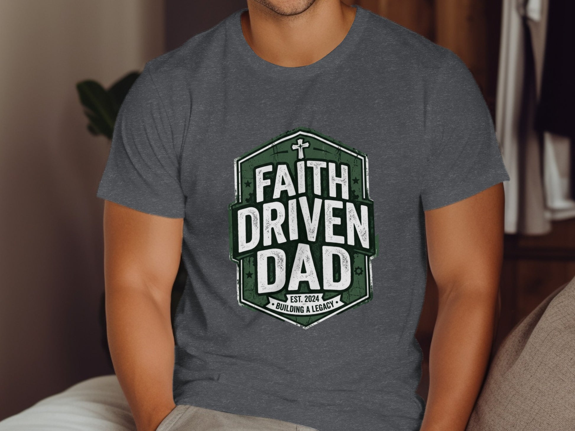 Dark gray t-shirt with "Faith Driven Dad" shield logo.