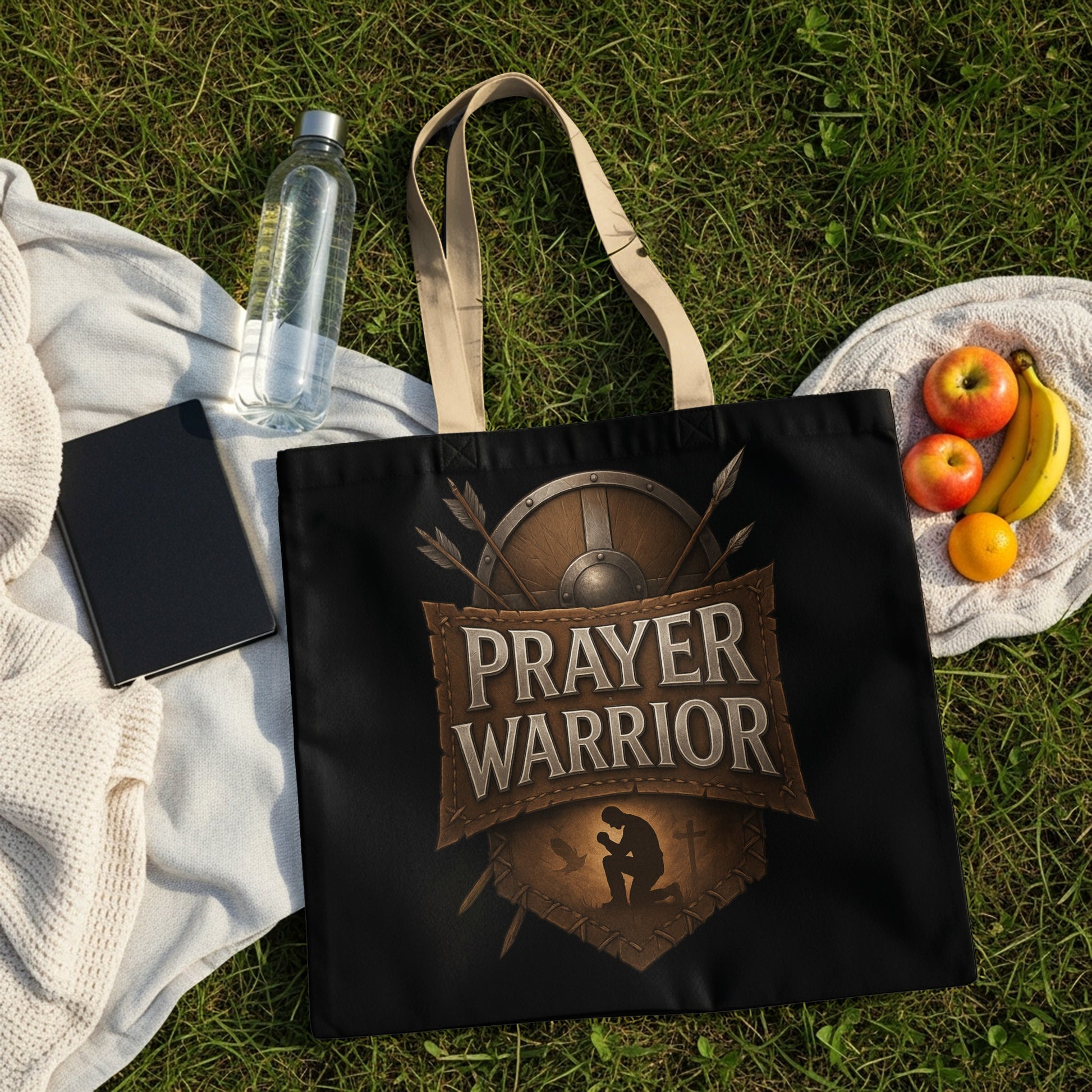 Black tote bag with "Prayer Warrior" text, shield, arrows, and kneeling figure.