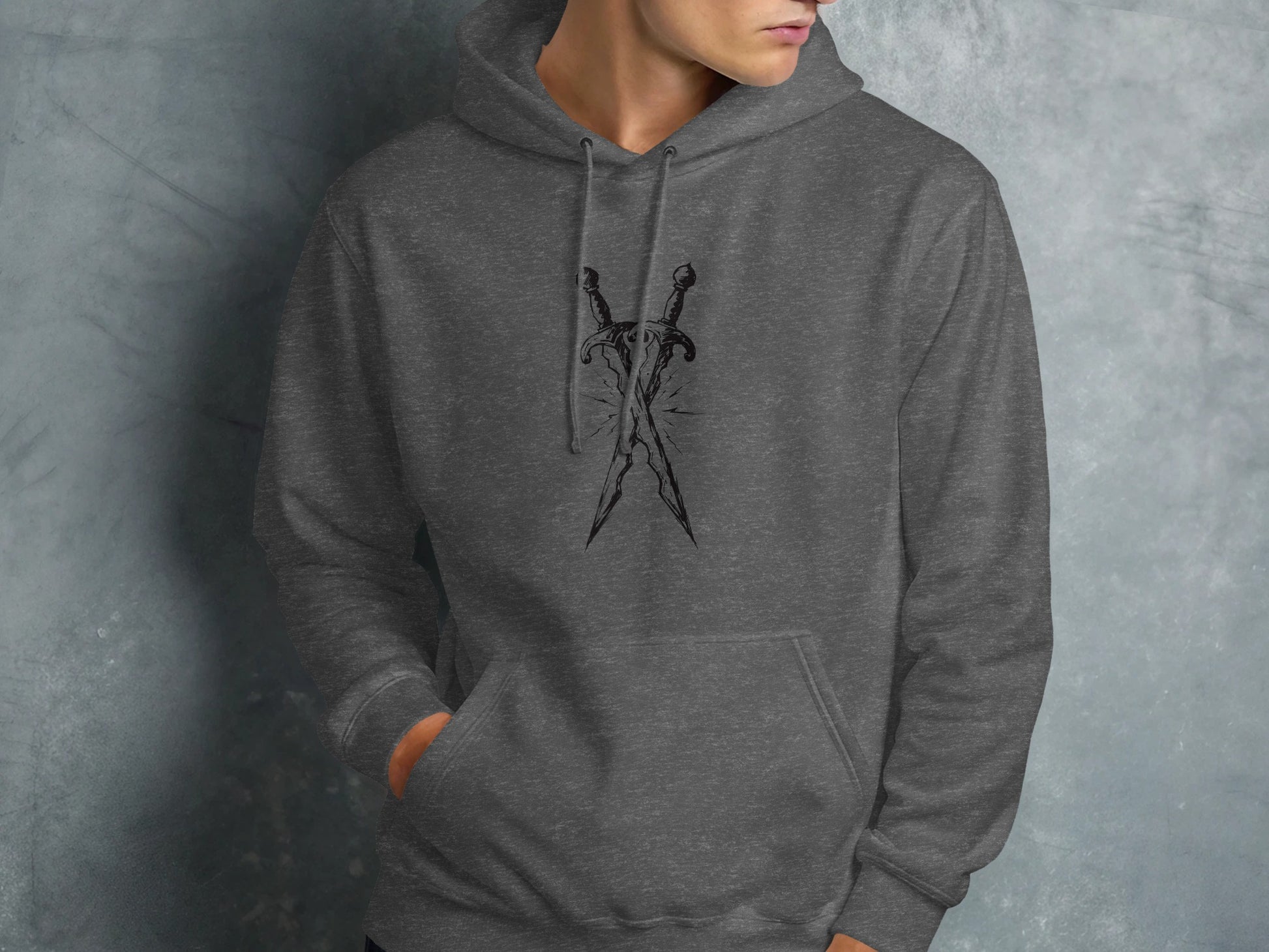 Dark grey hoodie with crossed swords graphic on chest.
