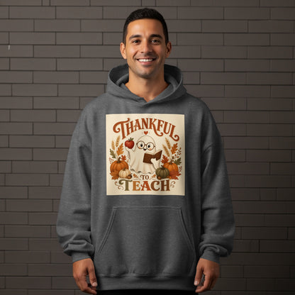 Ghost wearing glasses holding an apple and book, text "Thankful to Teach".