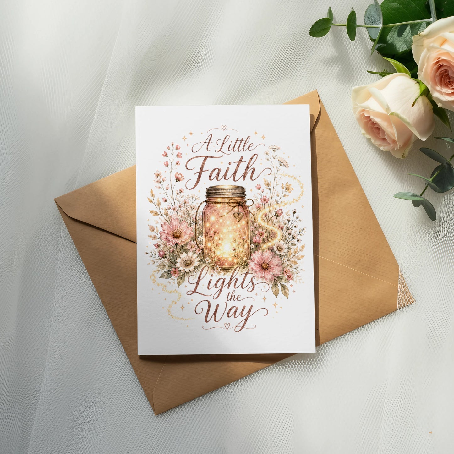 Card with "A Little Faith Lights the Way" text over a jar of lights, framed by flowers.