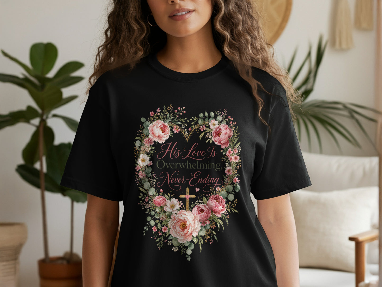 Black t-shirt with floral heart design: "His Love Is Overwhelming, Never-Ending".