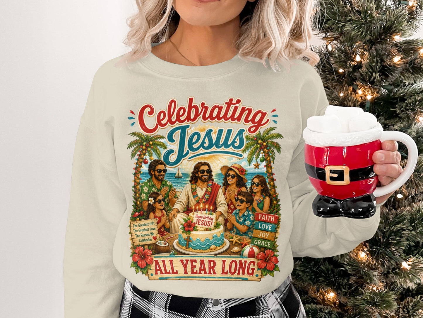 Crewneck sweatshirt celebrating Jesus with tropical scene and birthday message.