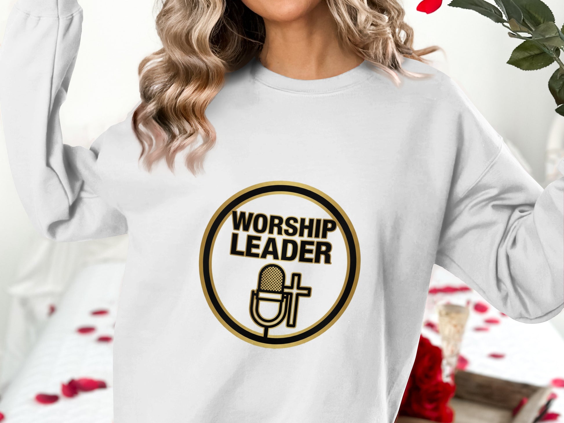 White sweatshirt with "WORSHIP LEADER" and microphone/cross logo.