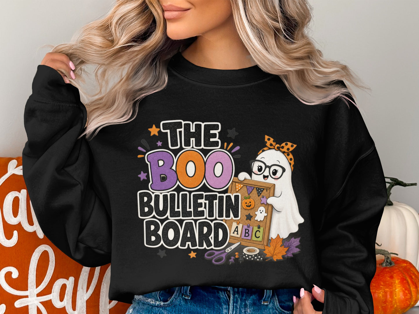 Black sweatshirt with "The Boo Bulletin Board" and a ghost holding a bulletin board.