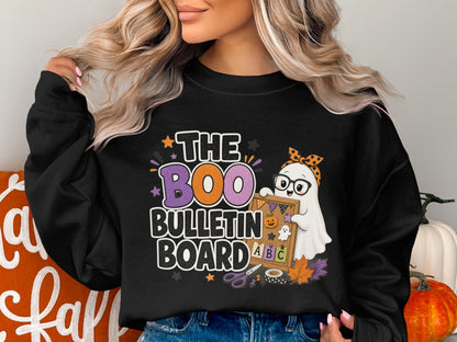 Black sweatshirt with "The Boo Bulletin Board" and a ghost holding a bulletin board.