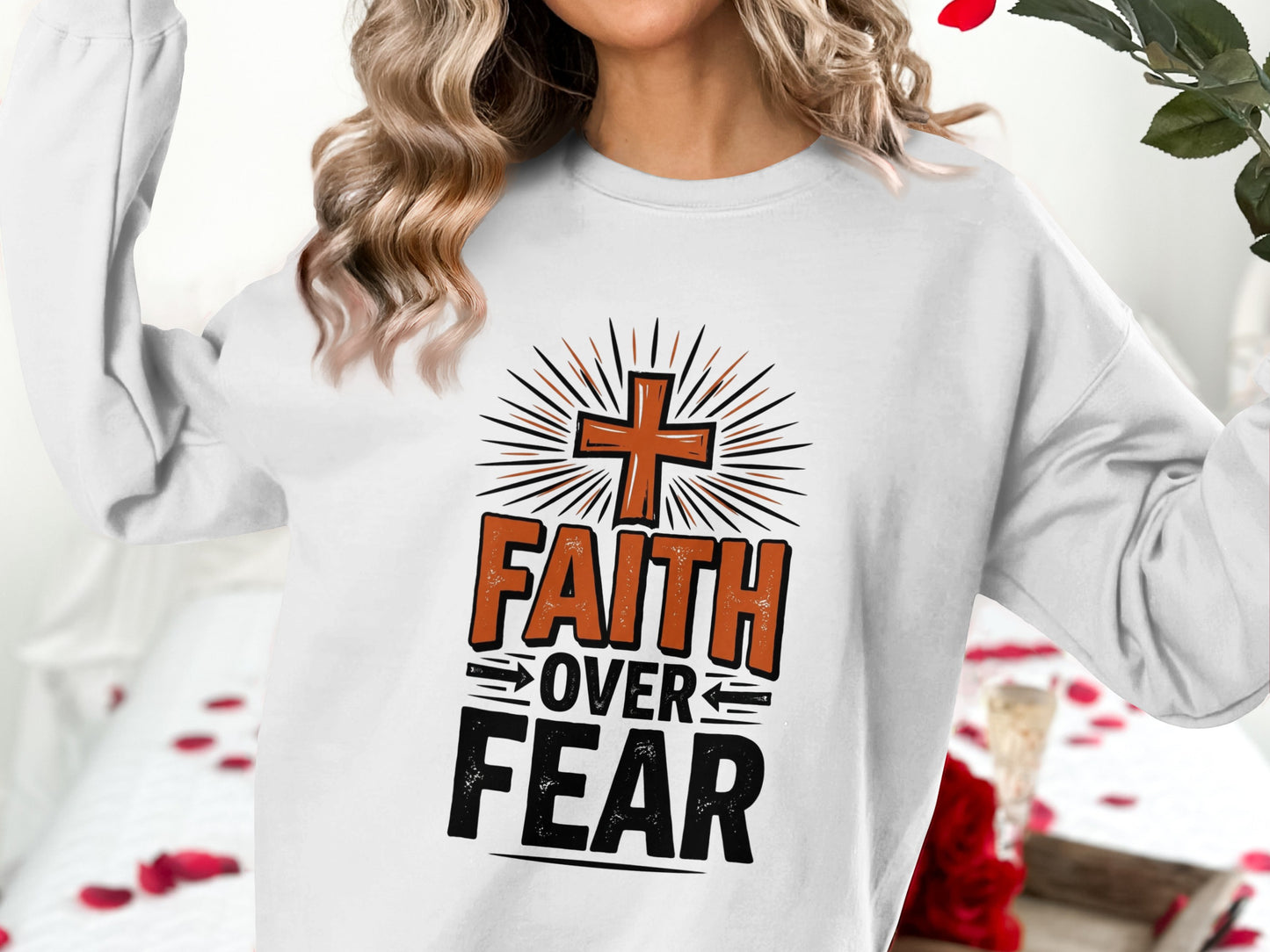 Faith over Fear Christian graphic sweatshirt with cross.