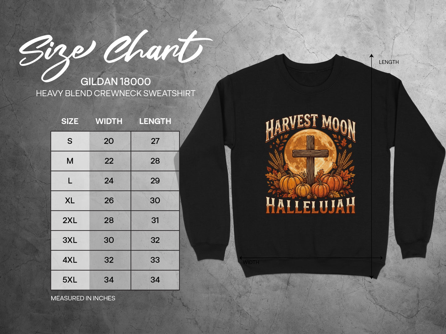 Gildan 18000 size chart with Harvest Moon and Hallelujah sweatshirt graphic.