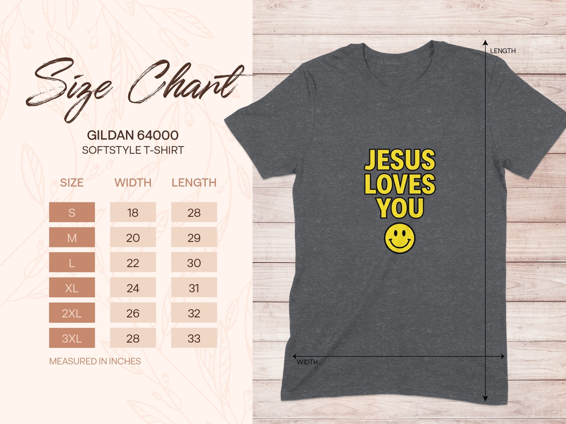 Gildan 64000 t-shirt size chart with Jesus Loves You graphic.