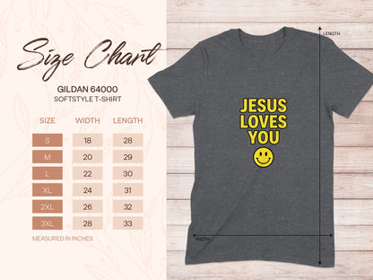 Gildan 64000 t-shirt size chart with Jesus Loves You graphic.