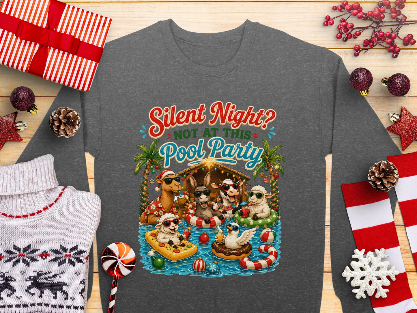 T-shirt with animals celebrating at a pool party with text "Silent Night? Not at This Pool Party".