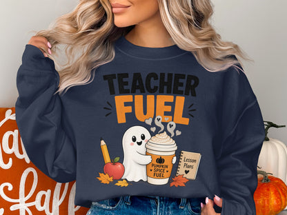 Navy sweatshirt with "Teacher Fuel" graphic featuring a ghost holding a pumpkin spice latte.