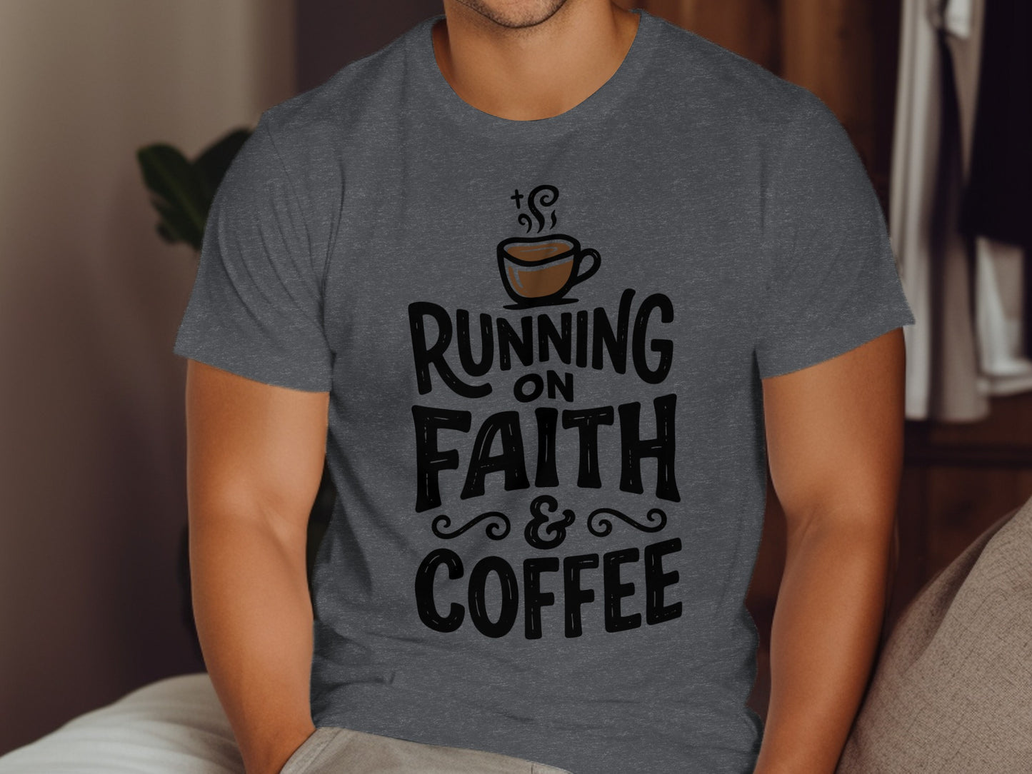 T-shirt with "Running on Faith & Coffee" text and coffee cup graphic.