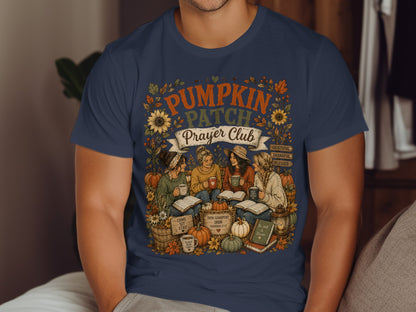 Navy t-shirt with "Pumpkin Patch Prayer Club" text and autumnal illustrations.