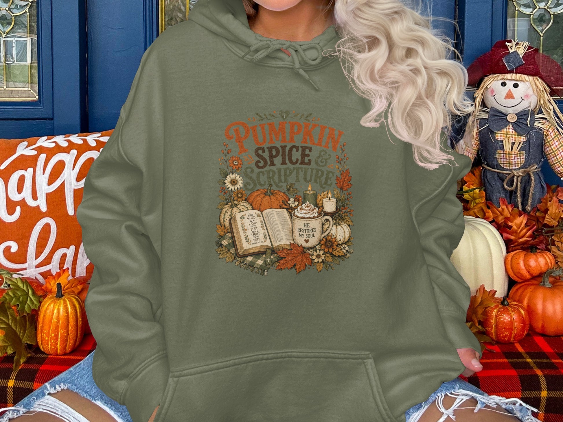 Olive green hoodie with "Pumpkin Spice & Scripture" design featuring a book and mug.