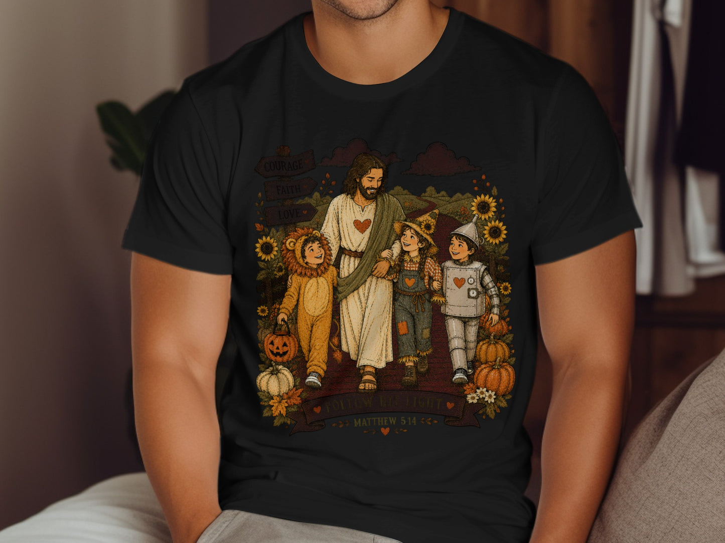 Jesus walking with children in costumes, featuring text from Matthew 5:14.