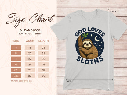 Size chart for Gildan 64000 t-shirt with graphic of sloth and "God Loves Sloths" text.
