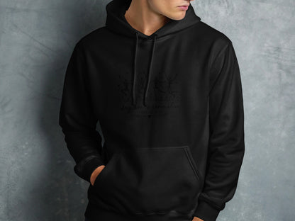 Black hoodie with skeleton dancers graphic and text.