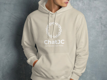 Beige hoodie with white crown of thorns and "ChatJC" logo.