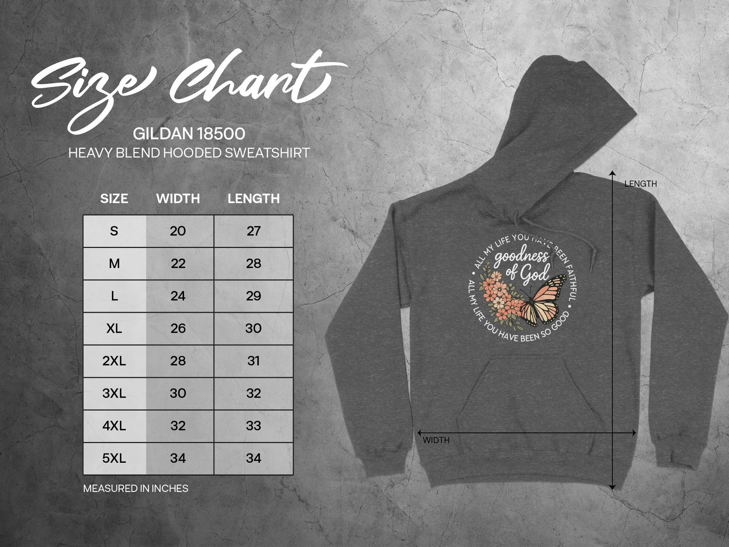 Gildan 18500 hooded sweatshirt size chart with width and length measurements.