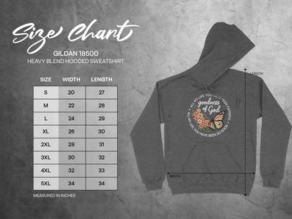 Gildan 18500 hooded sweatshirt size chart with width and length measurements.