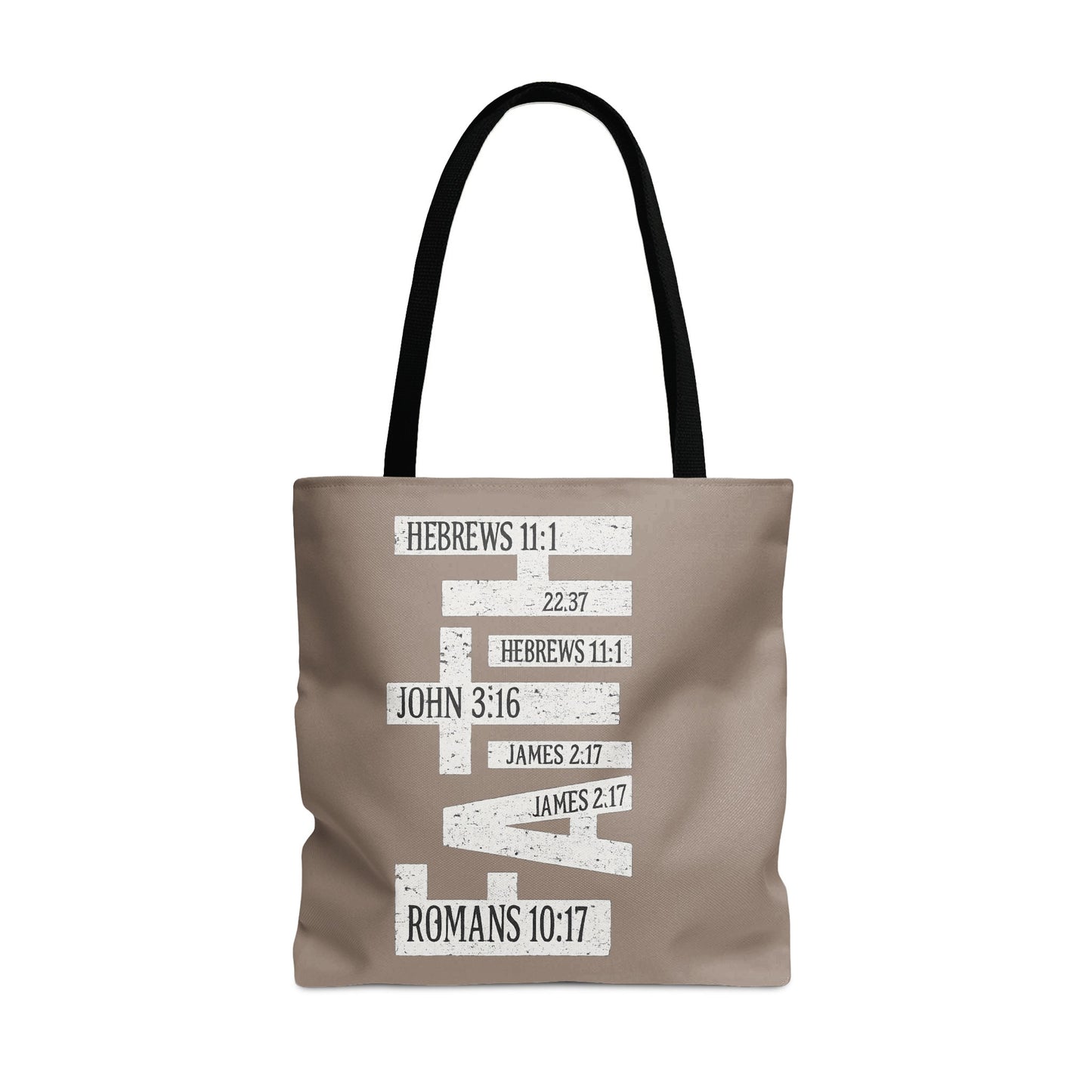Tote bag with distressed text from Bible verses "Faith" and scripture references.