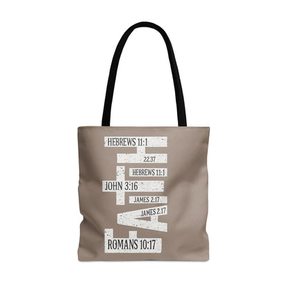 Tote bag with distressed text from Bible verses "Faith" and scripture references.