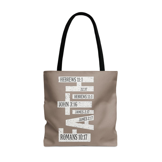 Tote bag with distressed text from Bible verses "Faith" and scripture references.