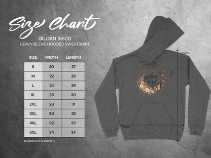 Gildan 18500 heavy blend hooded sweatshirt size chart with measurements.