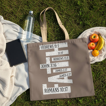 Brown tote bag with Bible verses HEBREWS 11:1, JOHN 3:16, JAMES 2:17, ROMANS 10:17.